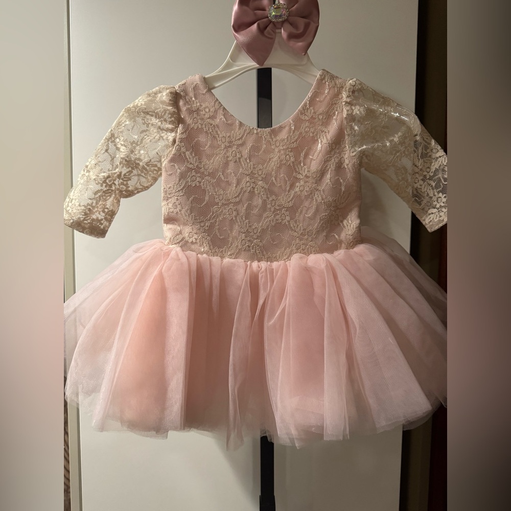Pink Lace and Tulle Dress with Bow